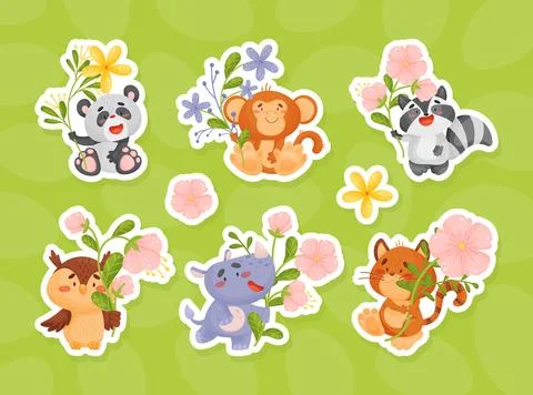 Cute Animals with Flowers on Stalk Vector Sticker Set Stock Illustration