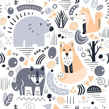 Cute animals in forest. Decorative elements wolf fox bear for textile and Stock Illustration