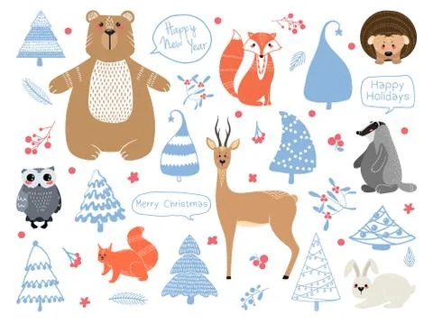 Cute animals: fox, badger, squirrel, owl, deer, doe, roe deer, hare, rabbit,  Stock Illustration