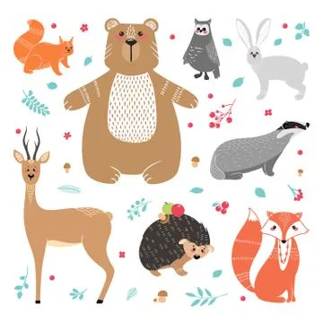 Cute animals: fox, badger, squirrel, owl, deer, doe, roe deer, hare, rabbit Stock Illustration