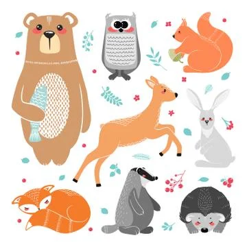 Cute animals: fox, badger, squirrel, owl, deer, doe, roe deer, hare, rabbit Stock Illustration
