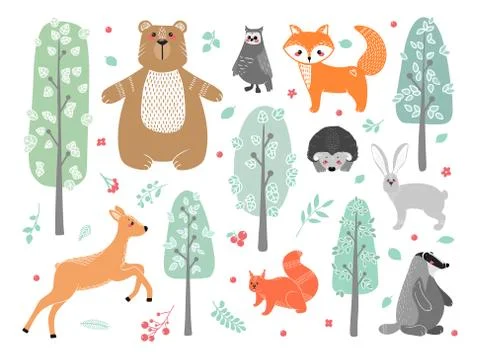 Cute animals: fox, badger, squirrel, owl, deer, doe, roe deer, hare, rabbit Stock Illustration
