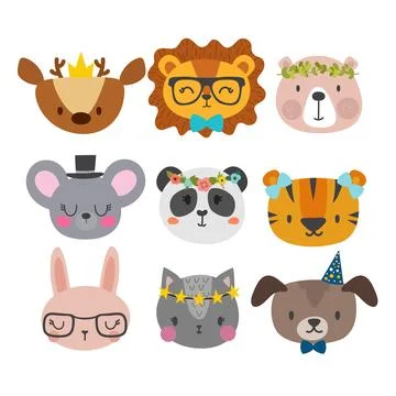 Cute animals with funny accessories. Cat, lion, panda, dog, tiger, deer, bu.. Stock Illustration