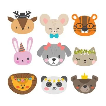 Cute animals with funny accessories. Set of hand drawn smiling characters. .. Stock Illustration