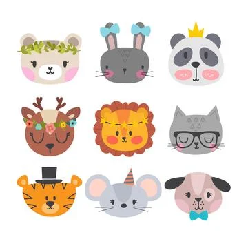 Cute animals with funny accessories. Set of hand drawn smiling characters. .. Stock Illustration