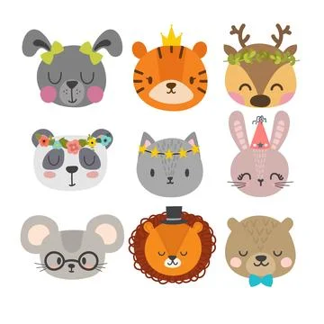 Cute animals with funny accessories. Set of hand drawn smiling characters. .. Stock Illustration