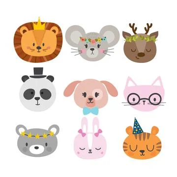Cute animals with funny accessories. Set of hand drawn smiling characters. .. Stock Illustration