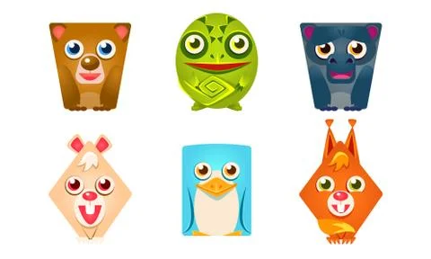 Cute Animals of Geometric Shape Set, Bear, Frog, Bull, Rabbit, Penguin, Fox Illustrazione stock