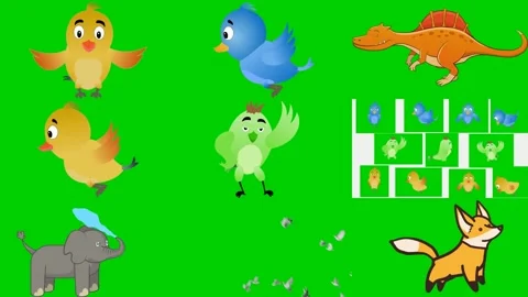 Cute animals on green screen featuring chick bluebird dinosaur duck parrot Vidéo 334704341