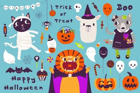 Cute animals in Halloween costumes, elements illustration Stock Illustration