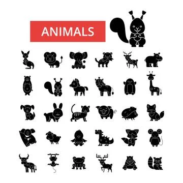 Cute animals illustration, thin line icons, linear flat signs, vector symbols Stock Illustration