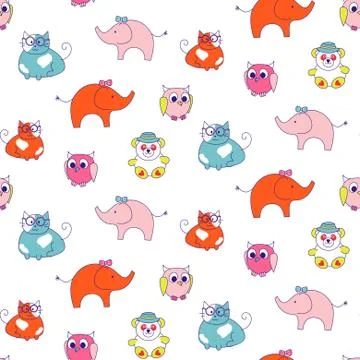 Cute animals kids seamless pattern. Child zoo background. Stock Illustration