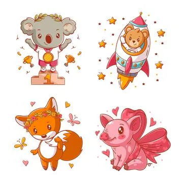 Cute animals koala, pig, bear and fox, cartoon style set Stock Illustration