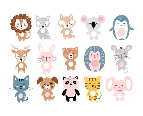 Cute animals, a large set of simple colorful cartoon characters for children. Illustrazione stock