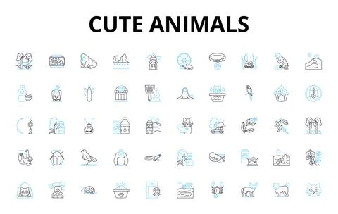 Cute animals linear icons set. Adorable, Fluffy, Fuzzy, Cuddly, Playful, Sweet Stock Illustration