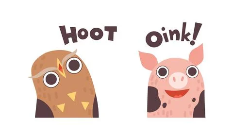 Cute Animals Making Sounds Set, Adorable Owl, Pig Saying Hoot and Oink Cartoon Stock Illustration