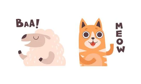 Cute Animals Making Sounds Set, Adorable Sheep, Cat Saying Baa, Meow Cartoon Stock Illustration