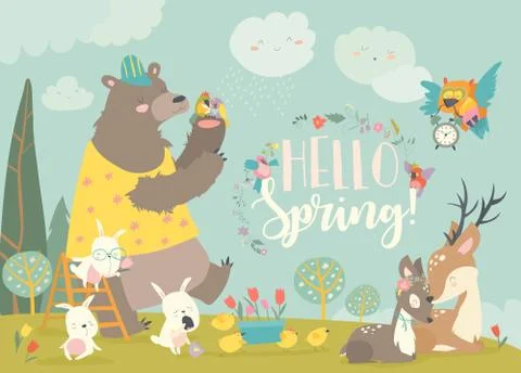 Cute animals meeting spring in the forest Stock Illustration
