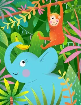 Cute Animals Monkey and Elephant in Jungle Forest Stock Illustration