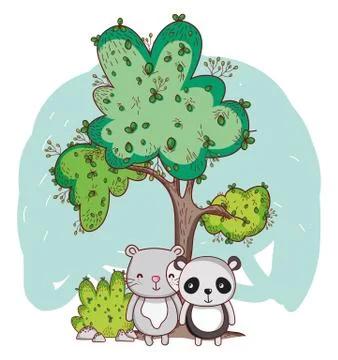Cute animals, panda and tree bush cartoon Stock Illustration