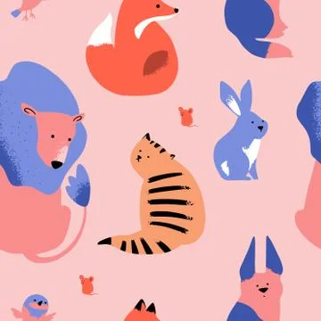 Cute Animals Pattern With Pink Background. Can be used for textile, poster, w Stock Illustration