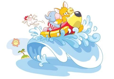 Cute animals playing on the beach Stock Illustration