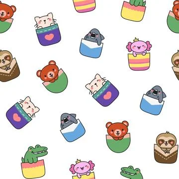 Cute animals in the pocket. Seamless pattern. イラスト素材