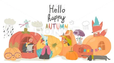 Cute animals with pumpkins on white background Stock Illustration