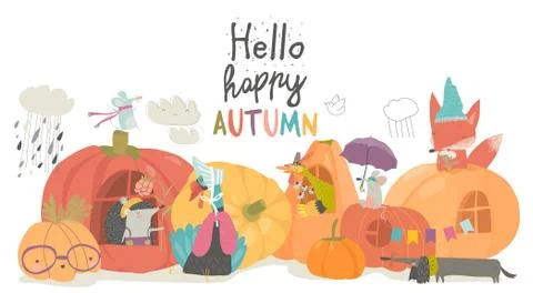 Cute animals with pumpkins on white background Stock Illustration