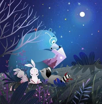 Cute Animals Read a Tale Book at Night under Stars Stock Illustration