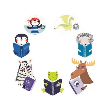 Cute animals reading books frame Stock Illustration