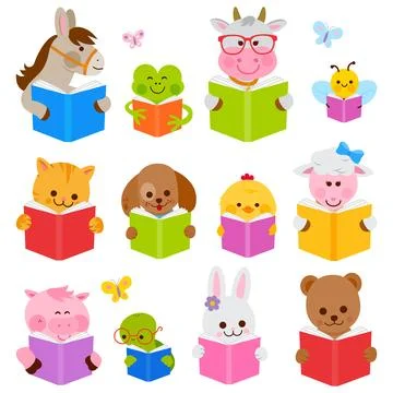 Cute animals reading books. Vector illustration Stock Illustration
