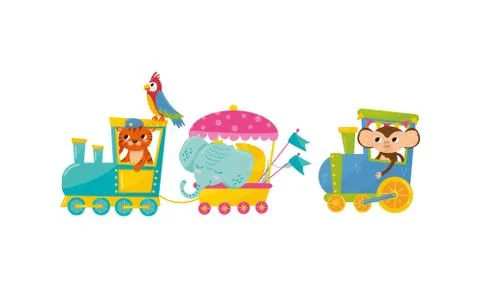 Cute Animals Riding Train or Locomotive Vector Set Illustrazione stock