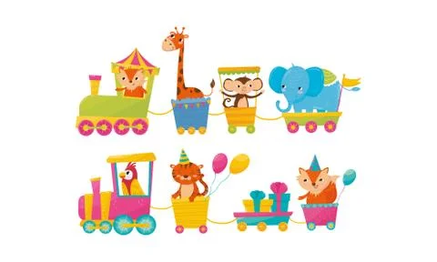 Cute Animals Riding Train or Locomotive Vector Set Illustrazione stock