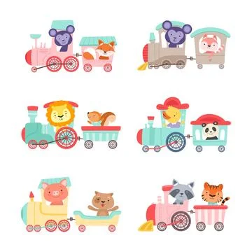 Cute animals riding train set. Little monkey, cat, lion, squirrel, panda 스톡 일러스트