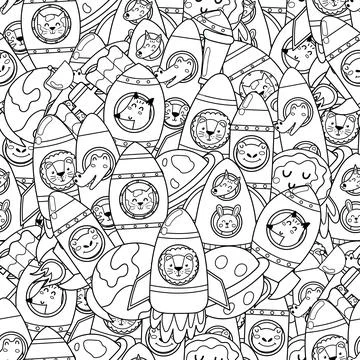 Cute animals in rocket seamless pattern. Space black and white coloring page Stock Illustration