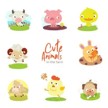 Cute animals with scenery set Stock Illustration