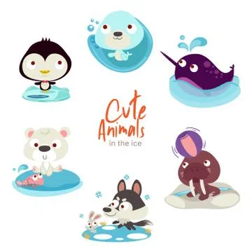 Cute animals with scenery set Stock Illustration