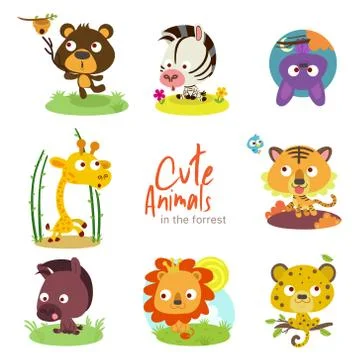 Cute animals with scenery set Stock Illustration