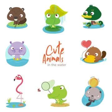 Cute animals with scenery set Stock Illustration