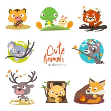Cute animals with scenery set Illustrazione stock