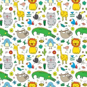 Cute Animals Seamless Pattern, Cartoon Hand Drawn Animal Doodles Vector Illus Stock Illustration
