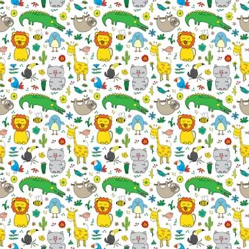 Cute Animals Seamless Pattern, Cartoon Hand Drawn Animal Doodles Vector Illus Illustrazione stock