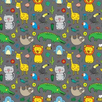 Cute Animals Seamless Pattern, Cartoon Hand Drawn Animal Doodles Vector Illus Illustrazione stock