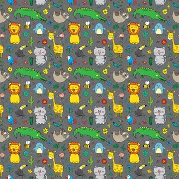 Cute Animals Seamless Pattern, Cartoon Hand Drawn Animal Doodles Vector Illus Illustrazione stock