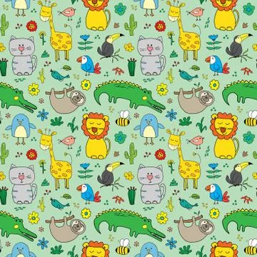 Cute Animals Seamless Pattern, Cartoon Hand Drawn Animal Doodles Vector Illus Stock Illustration
