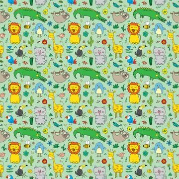 Cute Animals Seamless Pattern, Cartoon Hand Drawn Animal Doodles Vector Illus Illustrazione stock