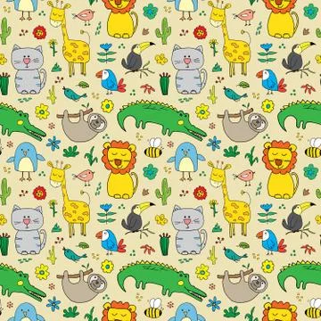 Cute Animals Seamless Pattern, Cartoon Hand Drawn Animal Doodles Vector Illus Illustrazione stock