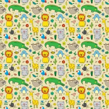 Cute Animals Seamless Pattern, Cartoon Hand Drawn Animal Doodles Vector Illus Stock Illustration