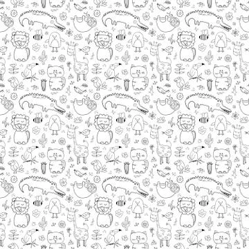 Cute Animals Seamless Pattern, Cartoon Hand Drawn Animal Doodles Vector Illus Stock Illustration